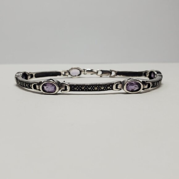 Amethyst & Marcasite Sterling Silver chain bracelet - Picture 3 of 12